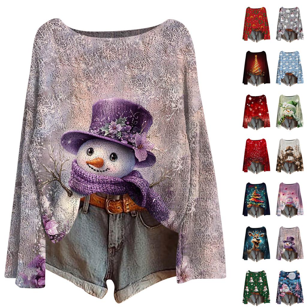 Women's Fashion Christmas Print Lightweight Sweater Casual Long-Sleeve Knit Pullover Top