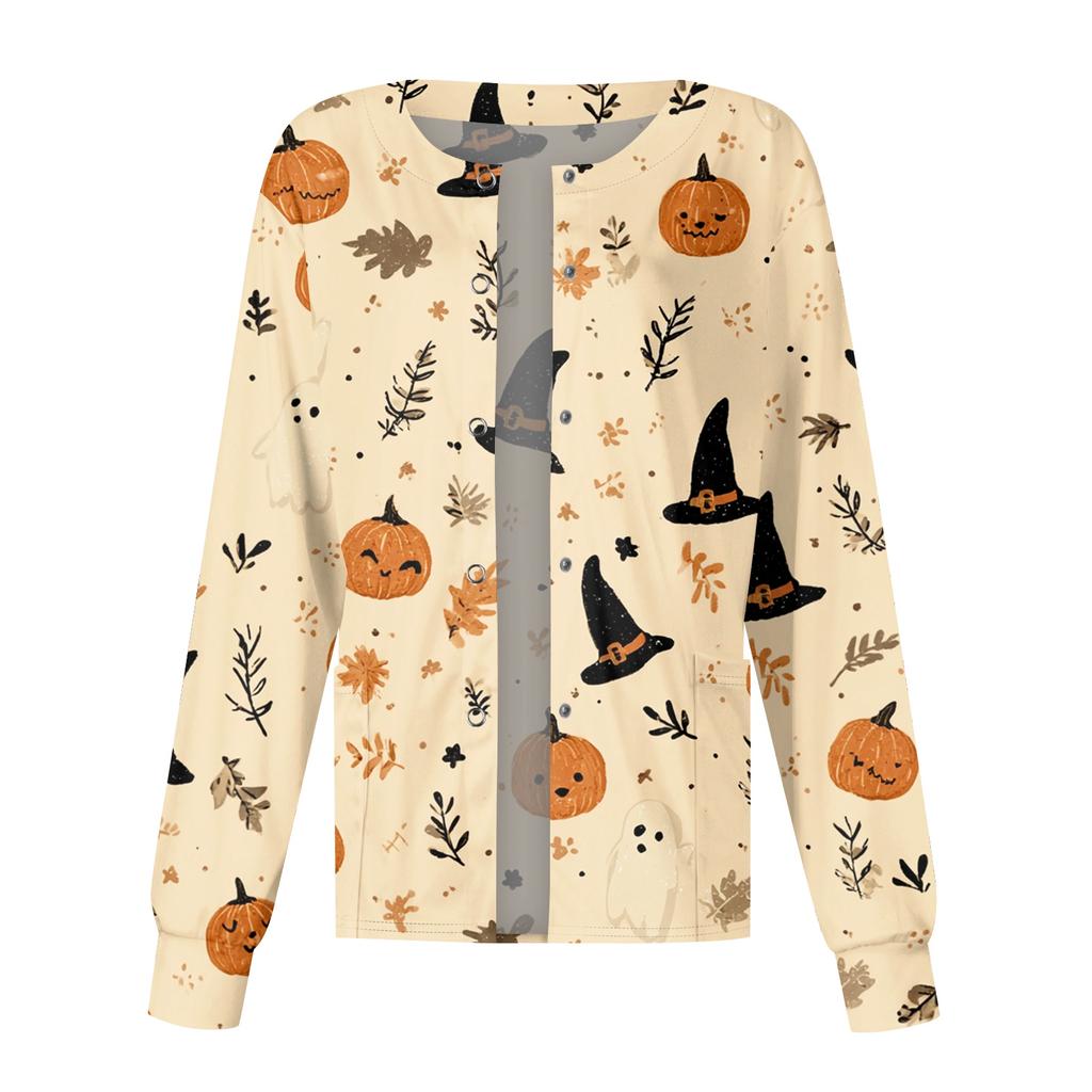 Women's Long Sleeve Single Breasted Halloween Print Scrub Cardigan Top for Nurses and Caregivers