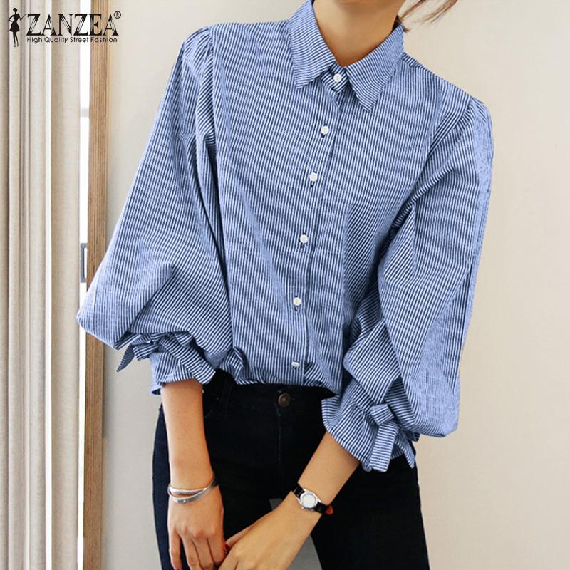 

ZANZEA Женская повседневная блузка в полоску с отложным воротником и длинными рукавами