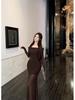 Women's Off-Shoulder Mesh Patchwork Pleated Dress - Slim Fit Waist-Cinching Long Skirt, Sexy Spring Style 