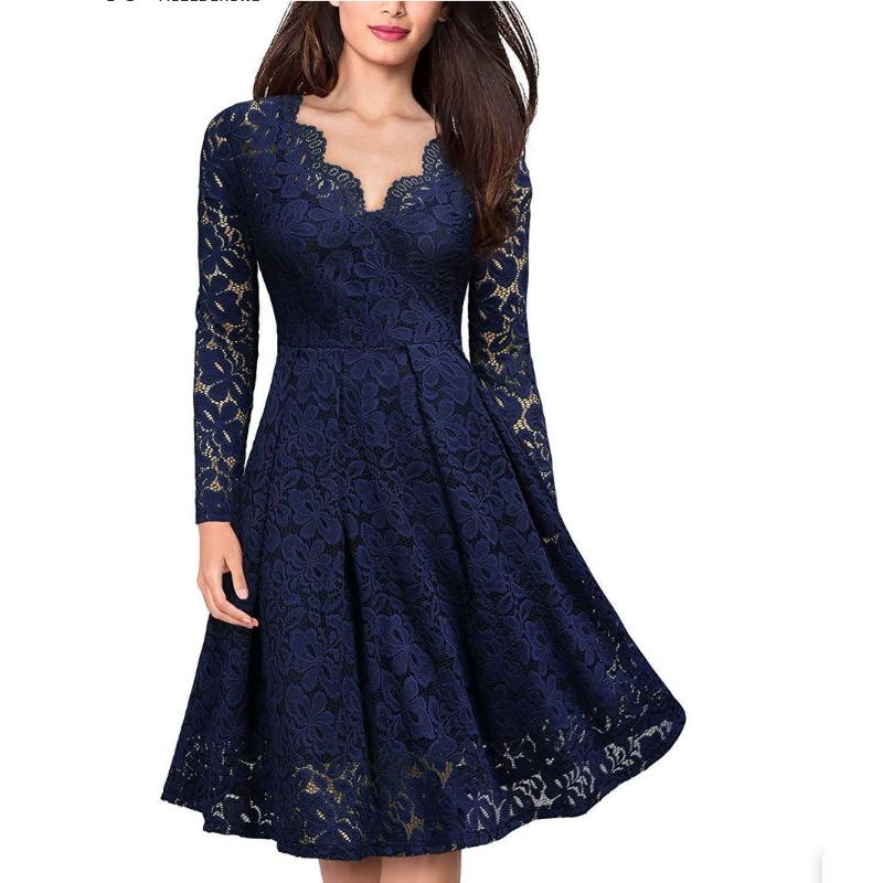 YYFS Women's Fashion Fall Winter Solid Color Lace Print Long Sleeve V-Neck Middle Waistline Casual Dresses