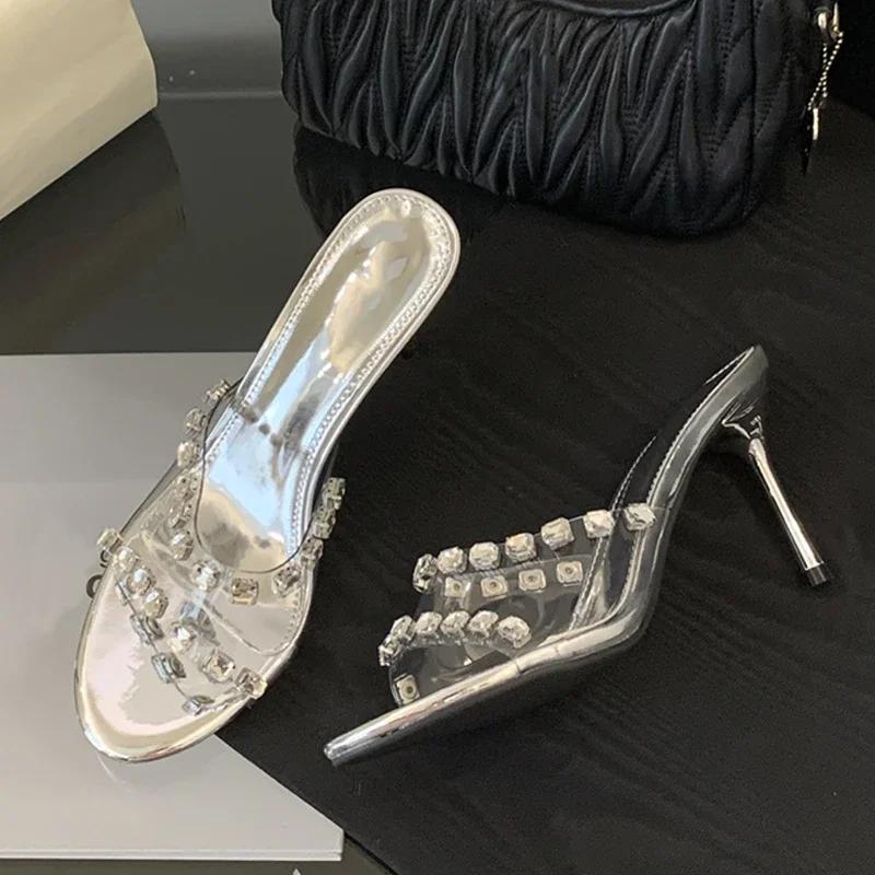 Fashion Silver Rhinestone Design Brand High Heel Slipper Women Transparent PVC Thin Heel Slide Sandal Elegant Fashion Banquet Dress Shoe