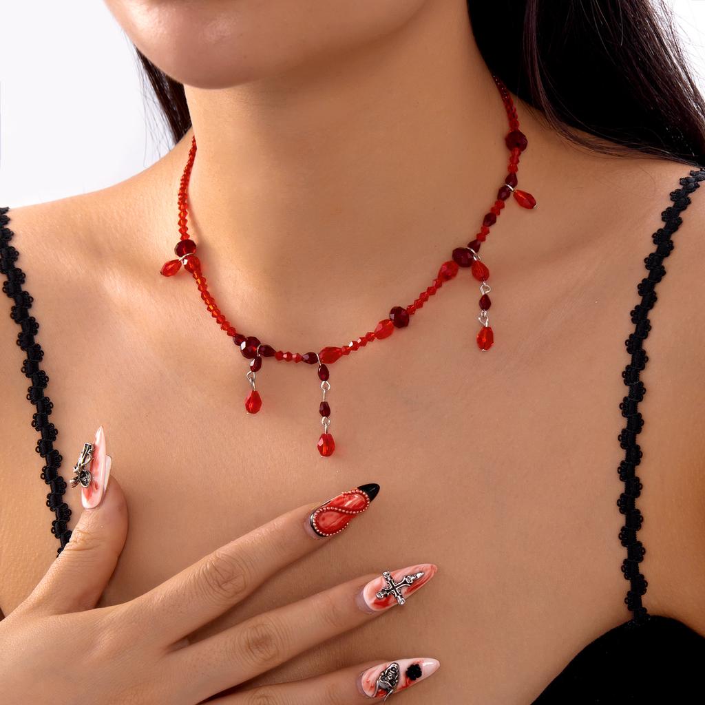 Gothic Black Bat Red Crystal Water Drop Necklace for Women Vintage Blood Drop Tassel Cool Geometric Choker Y2K Halloween Jewelry