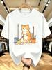 Unisex O Neck Tee Sweeping Cat Cartoon Graphic Print Cotton Short Sleeve Loose Summer Breathable Daily Casual Basic Wear Top
