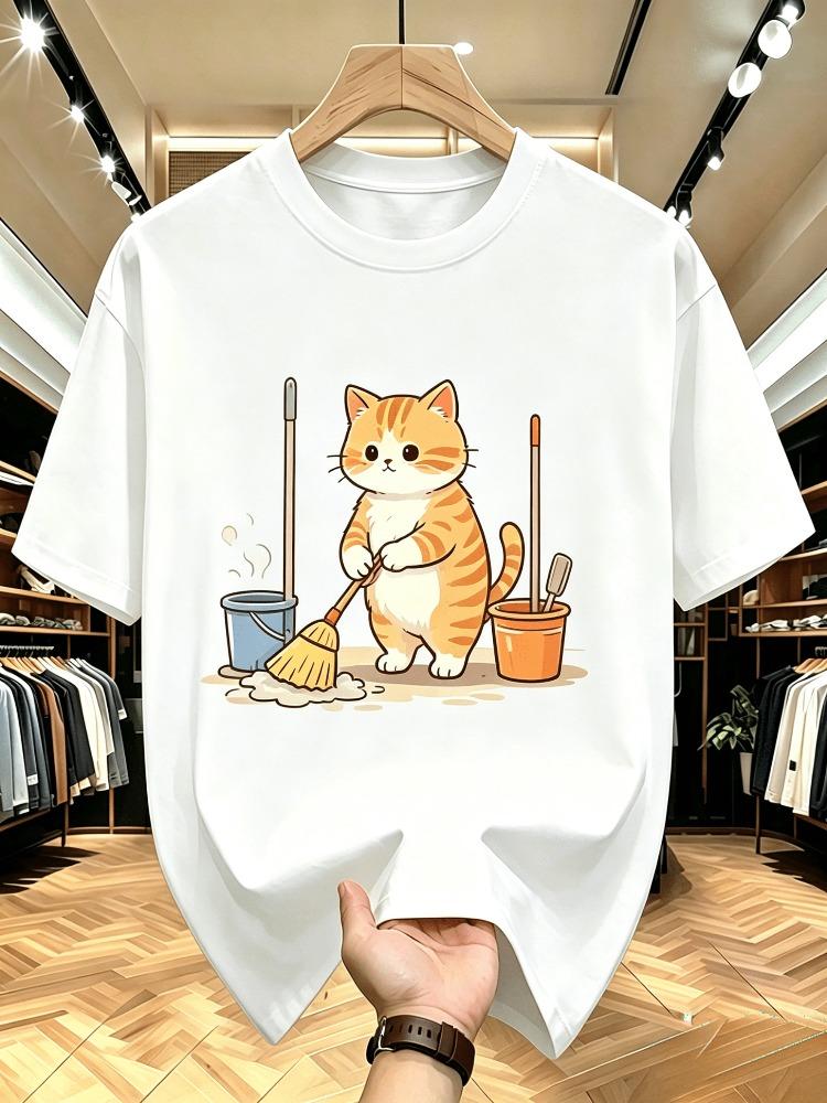 Unisex O Neck Tee Sweeping Cat Cartoon Graphic Print Cotton Short Sleeve Loose Summer Breathable Daily Casual Basic Wear Top