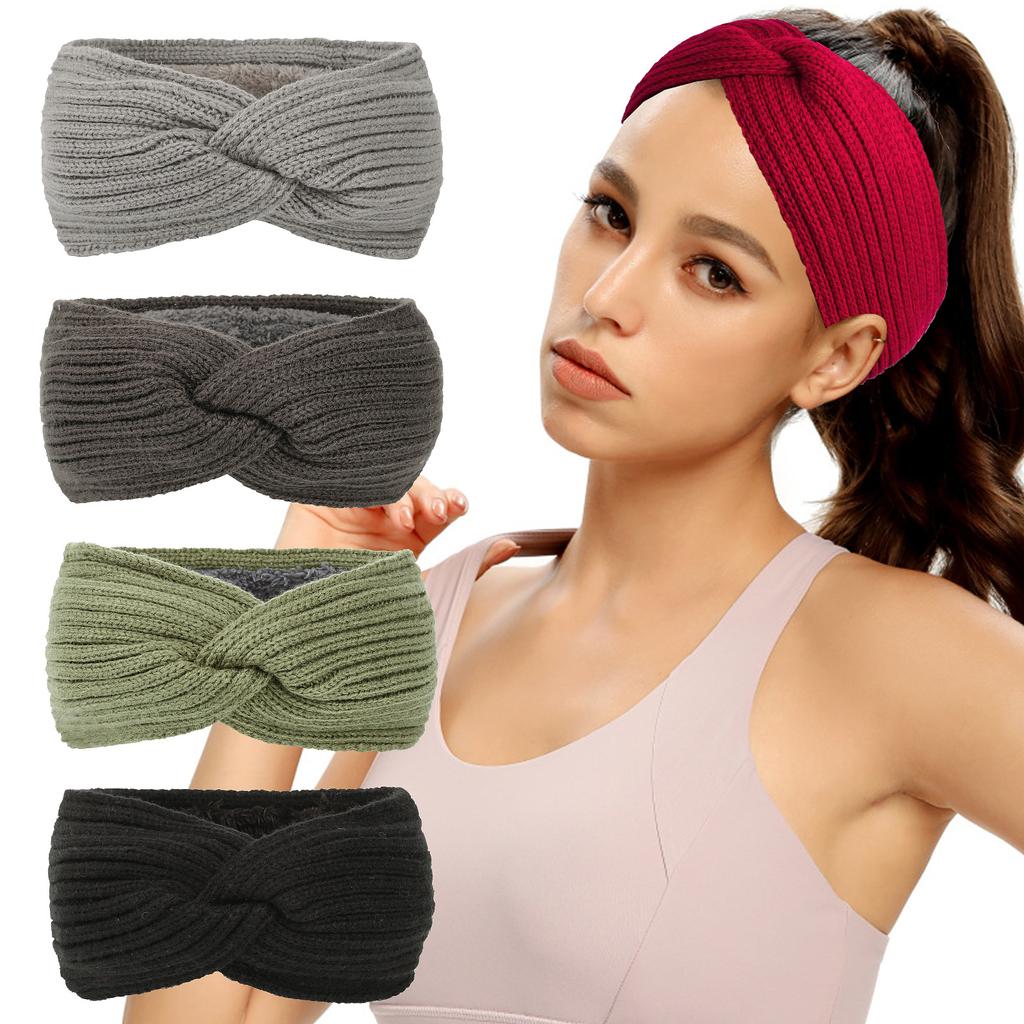 Velvet Autumn and Winter Knitted Hair Accessories, Thick Yarn Headband, Warm and Cold Resistant Sports Headband, Ear Protection Cover, Cross Headband