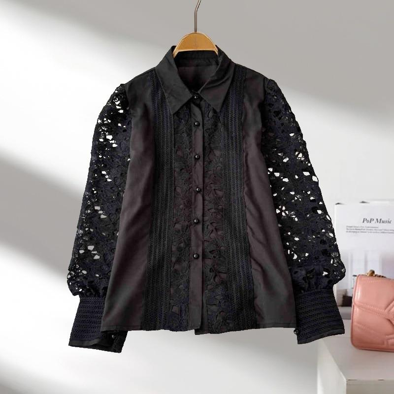 Vintage Fashion Hollow Crochet Casual Shirts for Women Elegant Slim Long Sleeve Loose Women's Blouses Tops Solid Button Up Office Lady Shirt 26448