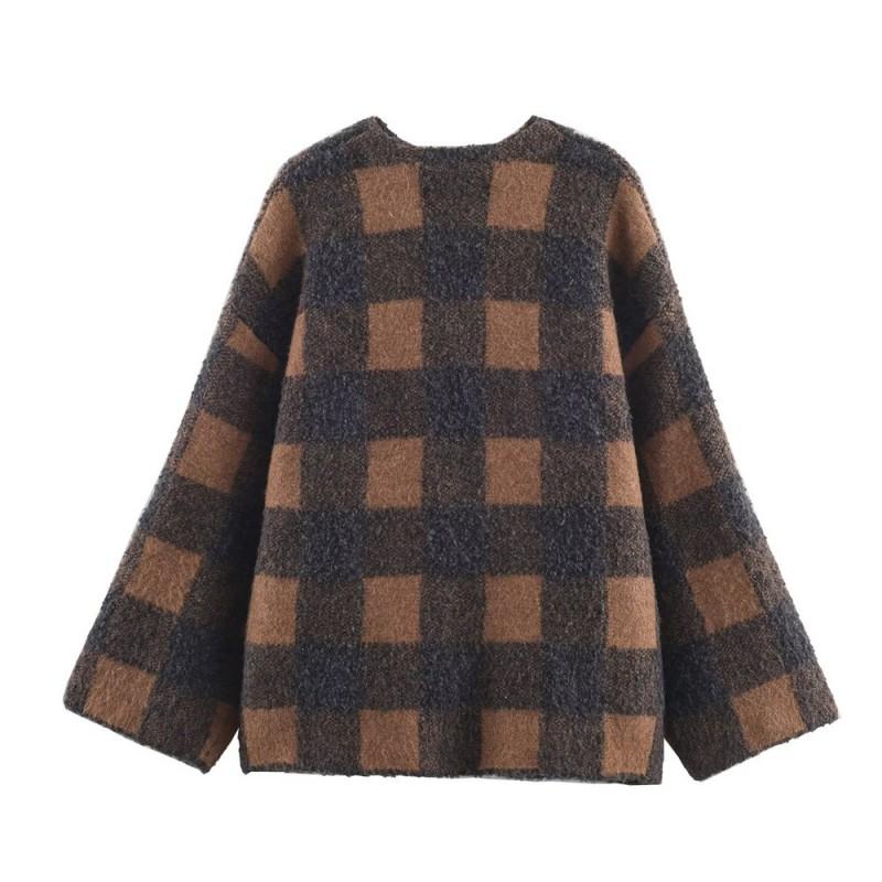 Womens Round Neck Long Sleeve Plaid Knit Cardigan Sweater Casual