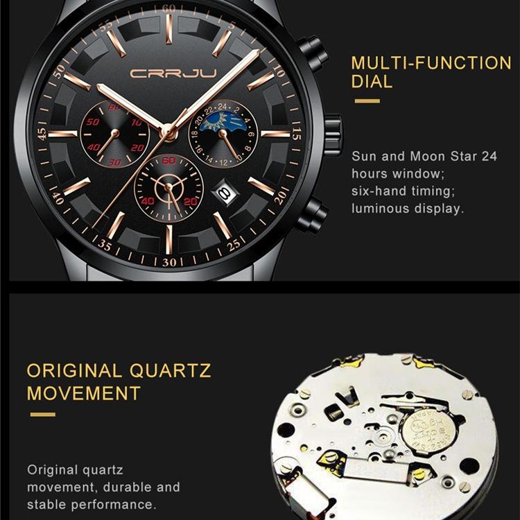 CRRJU Nové pánské sportovní hodinky s ocelovým páskem Móda Business Šestipinový multifunkční chronograf