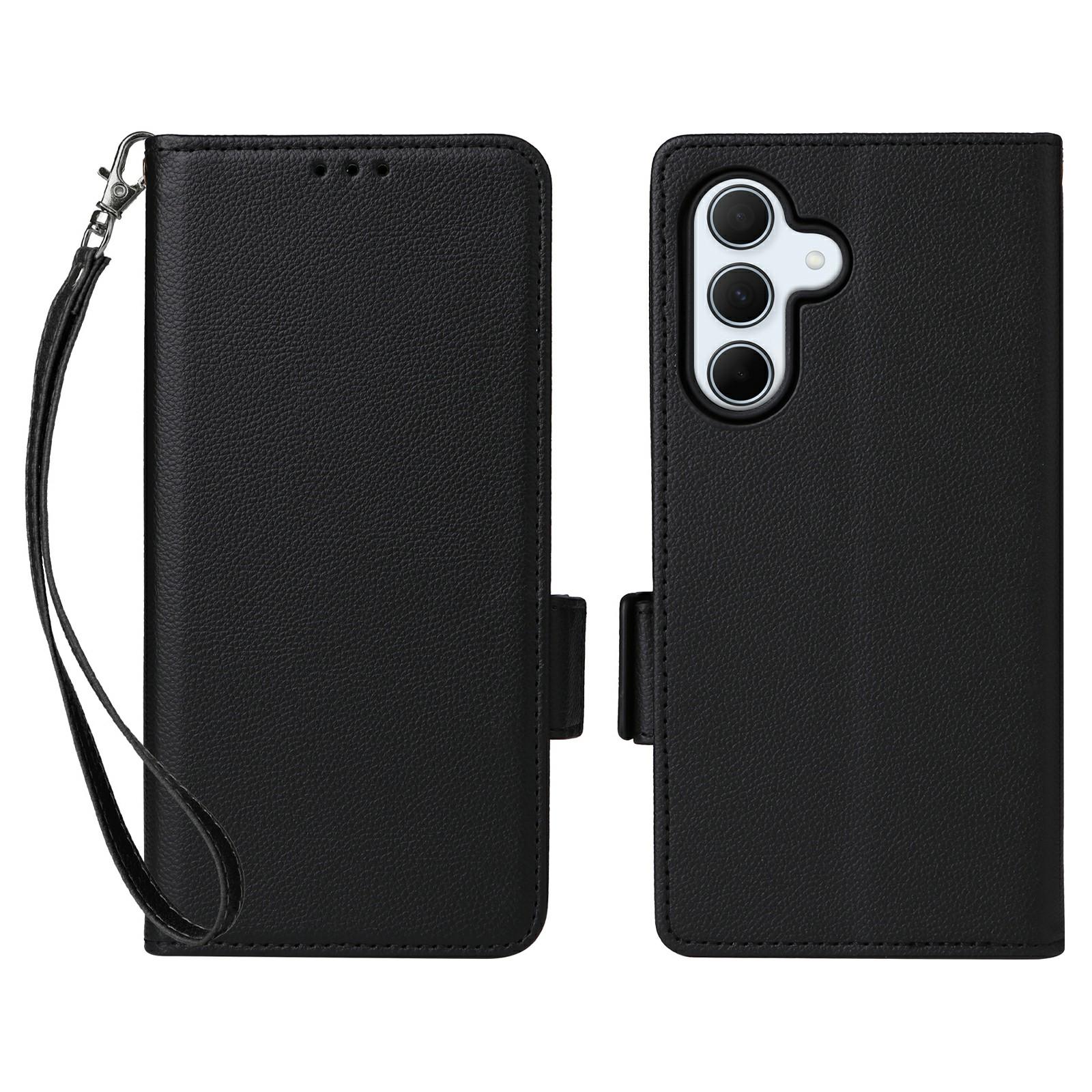 

For Samsung Galaxy A36 5G Case with Wrist Strap Litchi Texture PU Leather Wallet Phone Cover Black