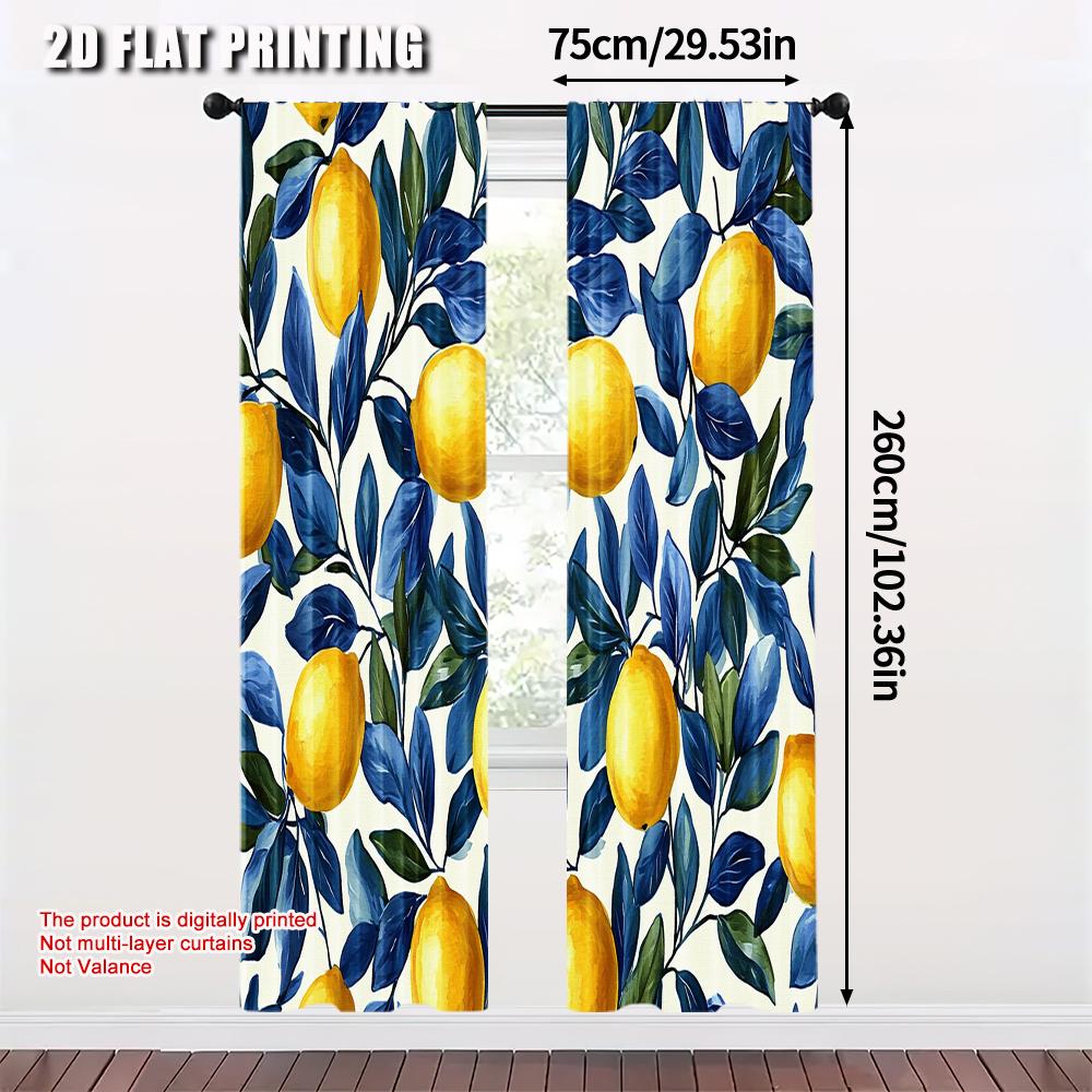 Blackout Curtain Popular Print Lemon Leaf Versatile Polyester Without Rod Thermal Insulation Functions Set Of 2 Made Washable