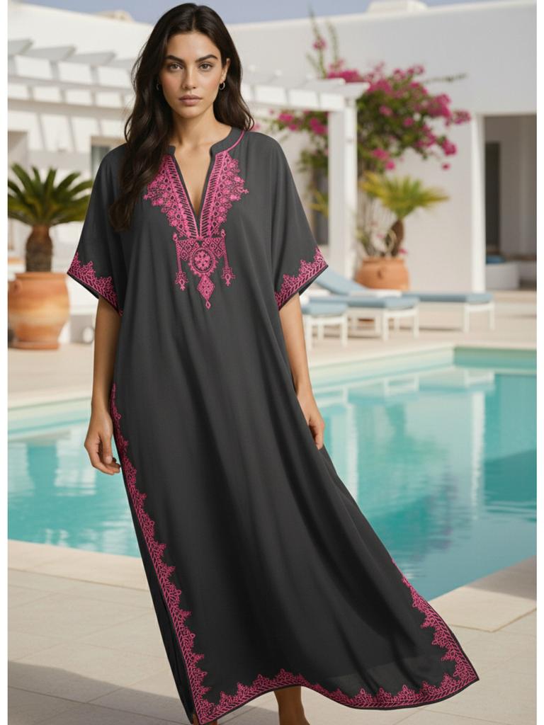 Womens Boho Embroidered V Neck Kaftan Dress Loose Fit Elegant Loungewear Beach Cover Up for Summer Resort Wear Q1545-23001