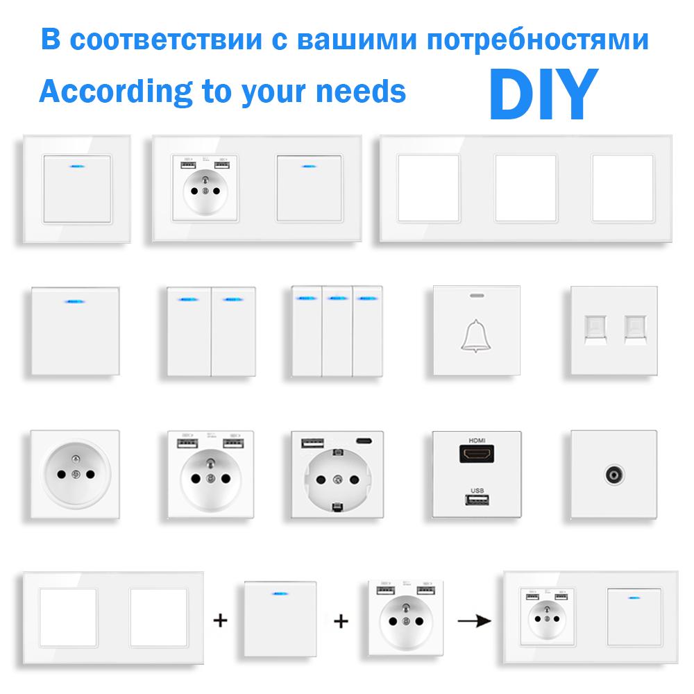EIOMR EU Standard 16A Tempered Crystal Glass Panel Wall Socket Power Outlet Electrical Plug with Usb 5V 2100mA Ac110-250V White