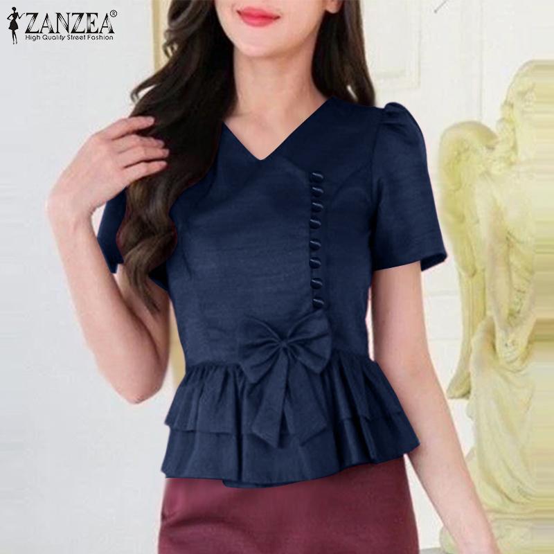 ZANZEA Women Casual V-Neck Summer Short Sleeve Blouse