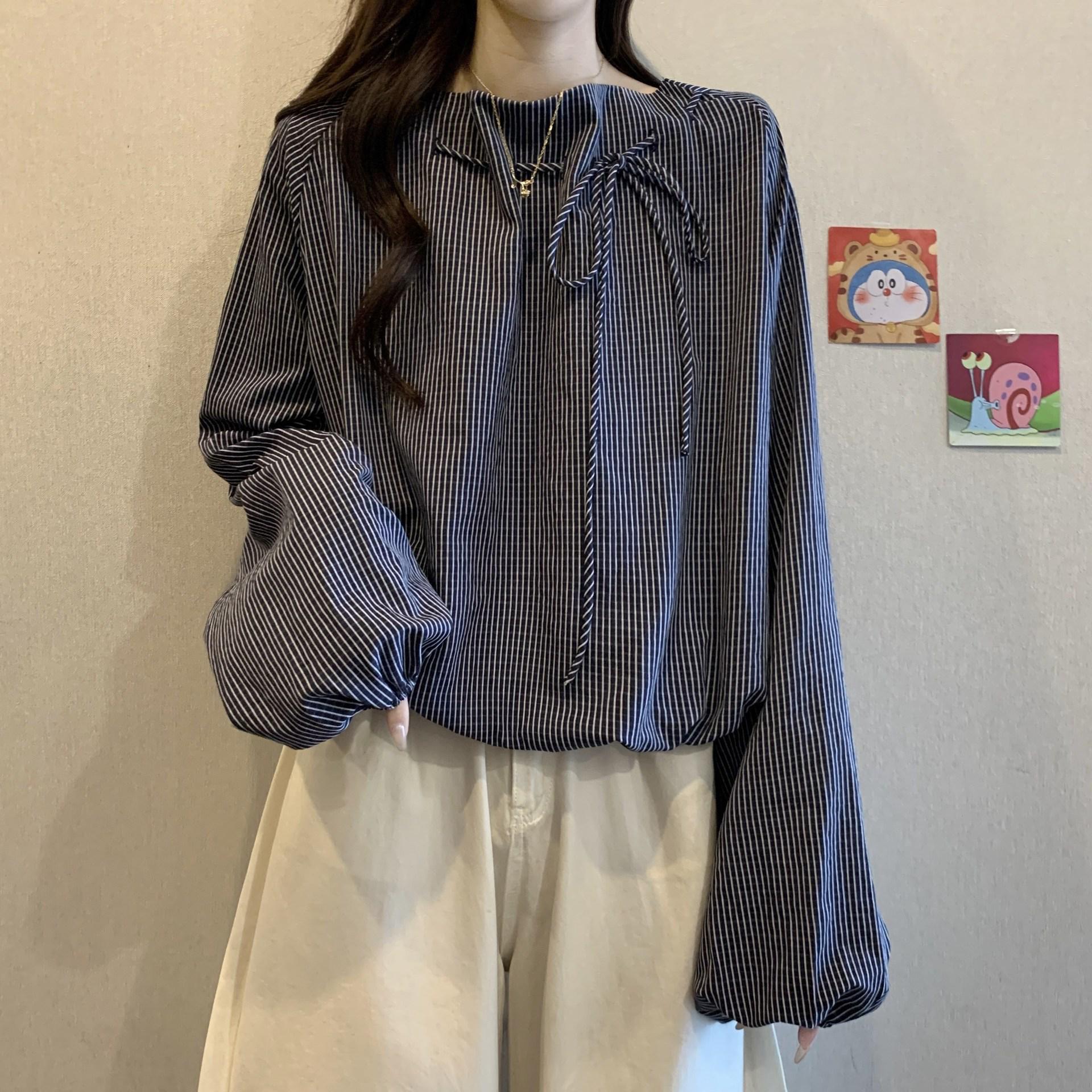 

Women s Autumn 2025 Striped Lace-Up Long Sleeve Slimming Shirt, Plus Size, Short Length 3XL (160-180 jin)