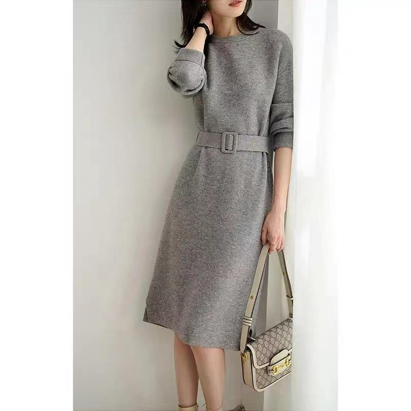 

Темпераментное вязаное платье осень и зима новое круглый вырез средней длины однотонное с пальто талия свитер юбка Average size 90-65kg