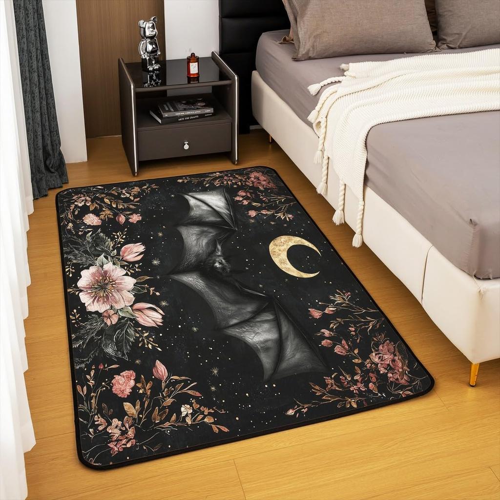 Cute Black Bat Large Area Rug 5x7, Floral Plant Leaves Living Room Rug, Starry Sky Moon Galaxy Rugs for Bedroom Boho Exotic European Style C