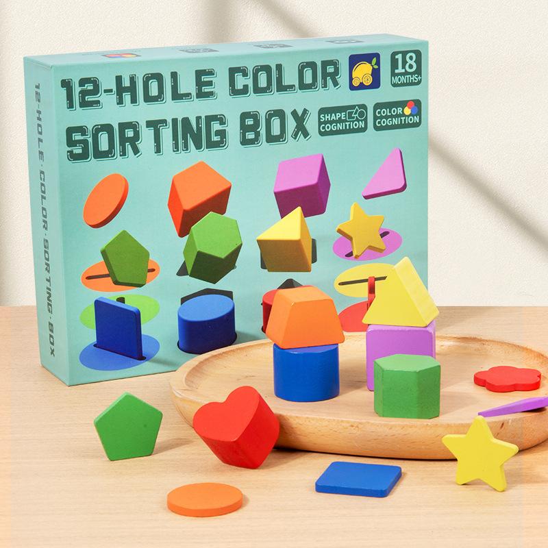 

Wooden kindergarten educational early education teaching aids shape cognition classification box 12 color classification training matching box toys