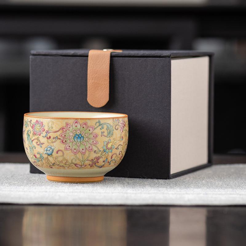 Enamel full color Ru kiln master teacup light luxury retro tea set cup gift box hardcover high-end father teacher gift