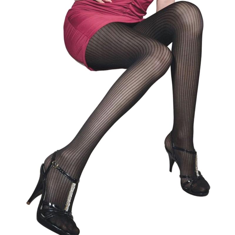Vintage Patterned Semi-Sheer Pantyhose Stockings Women Vertical Striped Jacquard Thin Silky Tights Leggings Streetwear
