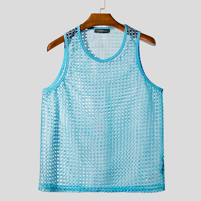 INCERUN Men O Neck Sleeveless Mesh Sheer Hollow Crochet Casual Beach Tank Tops