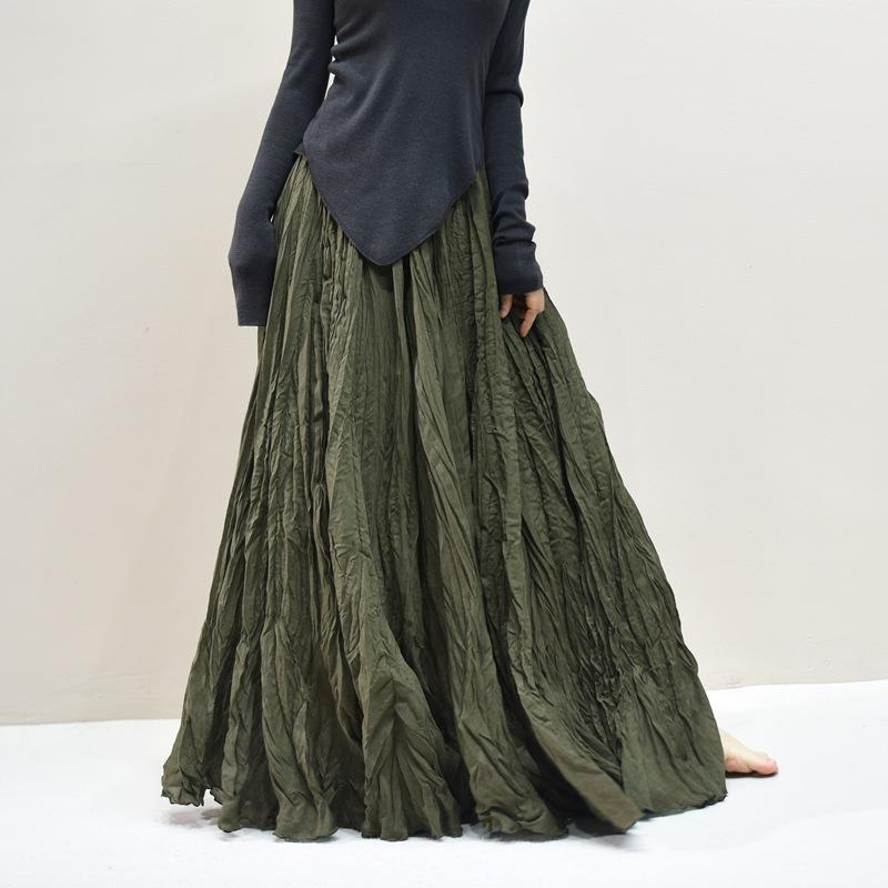 Women's Linen Maxi Skirts Summer Boho Solid Beach Elastic High Waist Pleated A-Line Flowy Swing Long Maxi Skirts Elastic Waist Long Skirt for Women