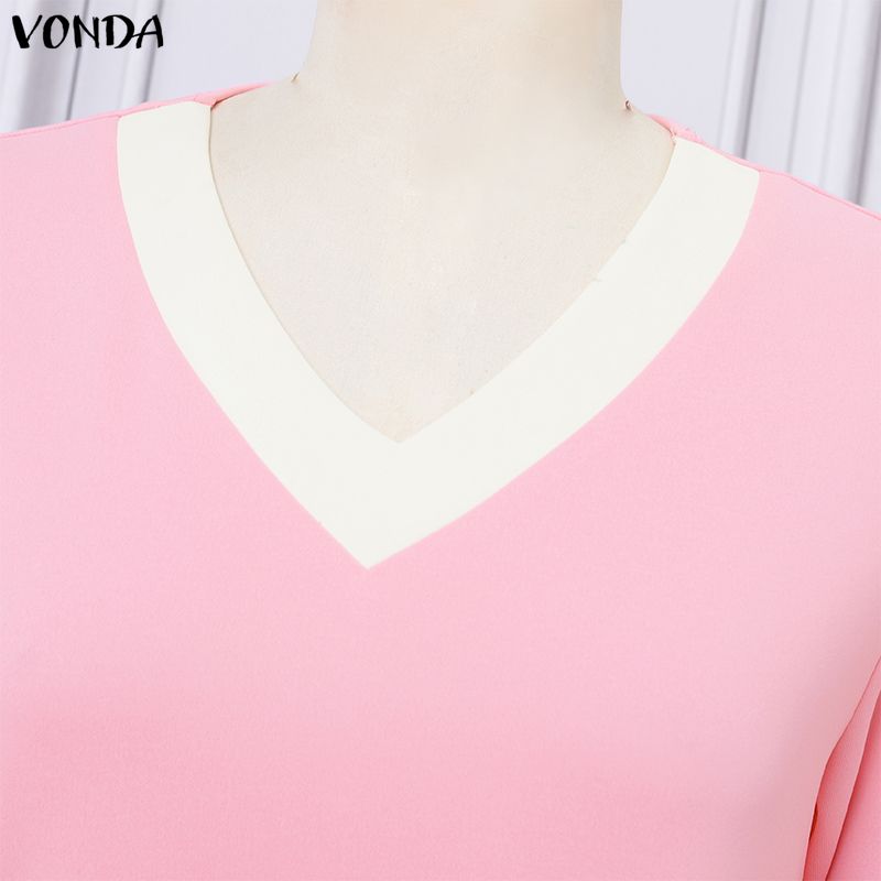 VONDA Women Casual V Neck Long Sleeve Patchwork Ruffled Dress