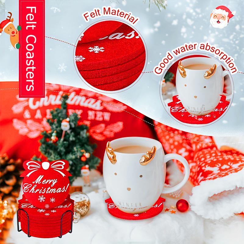 10PC Snowflake Printed Party Red Holiday Felt Coasters Table Decor Christmas Cup Mats Festive Absorbent Wool Beverage Decoration