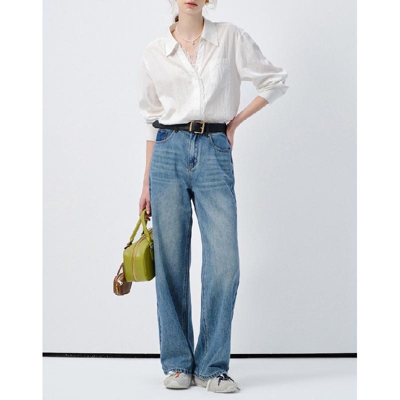 White long-sleeve women's shirt, 2026 spring new style, European style lace trim loose top