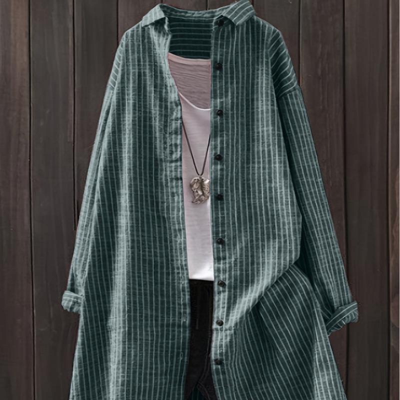 New Women's Cotton and Linen Striped Shirt, Mid Length Long Sleeved Pocket Top