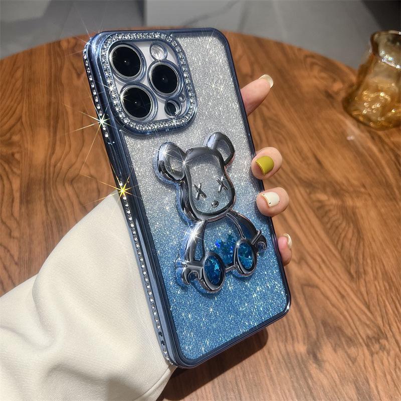 Quicksand glitter electroplating violent bear for iPhone16 mobile phone case 15 rhinestone gradual change 13 Apple 13 transparent case