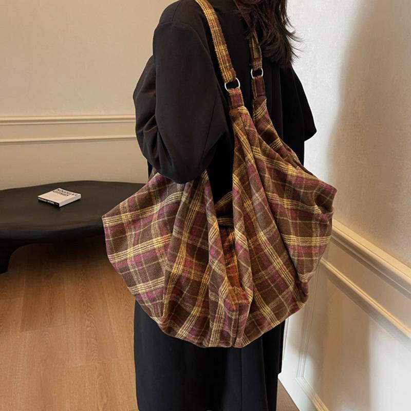 Chic Plaid Nylon Large Capacity Tote Bag Women Casual Top Handle Hobo Shoulder Shopper with Fixed Strap For Daily Work CLE