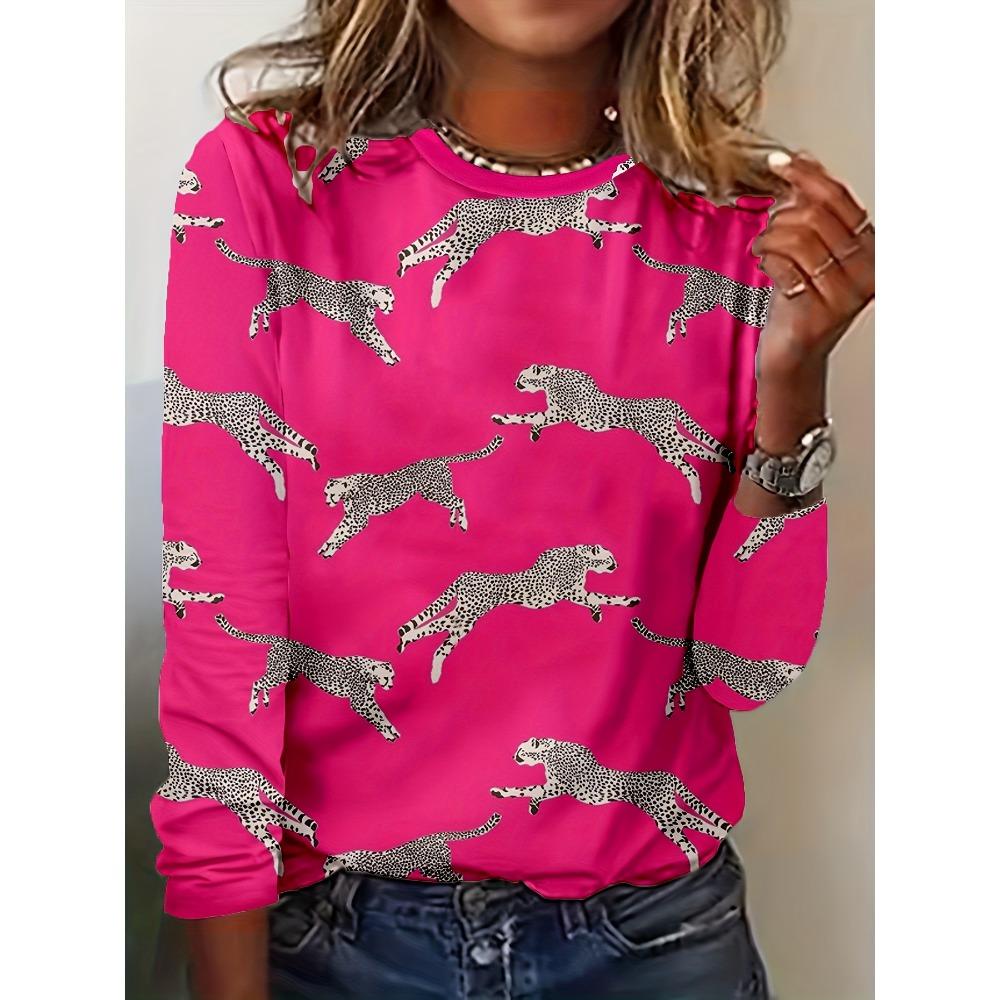 Spring and Autumn Round Neck Leopard Print Pattern 3D Printed Top Fashionable Casual Long Sleeved Women's T-shirts