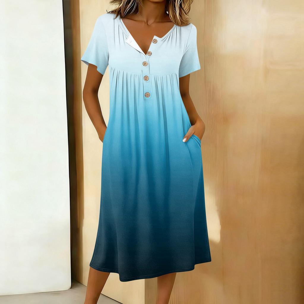 Women's Fashion Gradient Color Printed Round Neck Short Sleeve Button Neck Medium Length Casual Dress