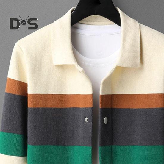 Fall Winter Men Cardigan Sweater Coloblock Turn-down Collar Coat Long Sleeves Pockets Single-breasted Knitted Elastic Jacket