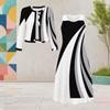 Women Plus Size Two Piece Dress Set Round Neck Long Sleeve Cardigan Sleeveless Dress Black White Floral Printed