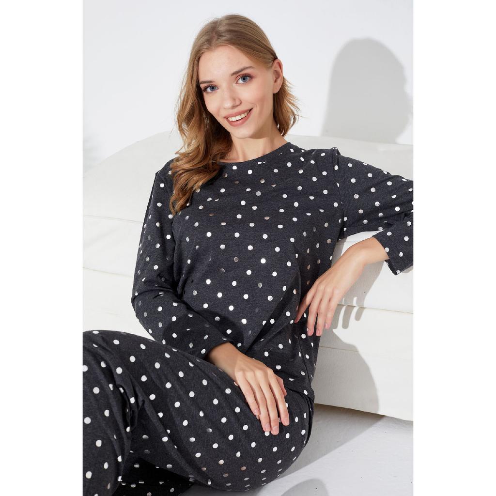 Pink Black Heart And Point Patterned Knitted Pajama Set 7792