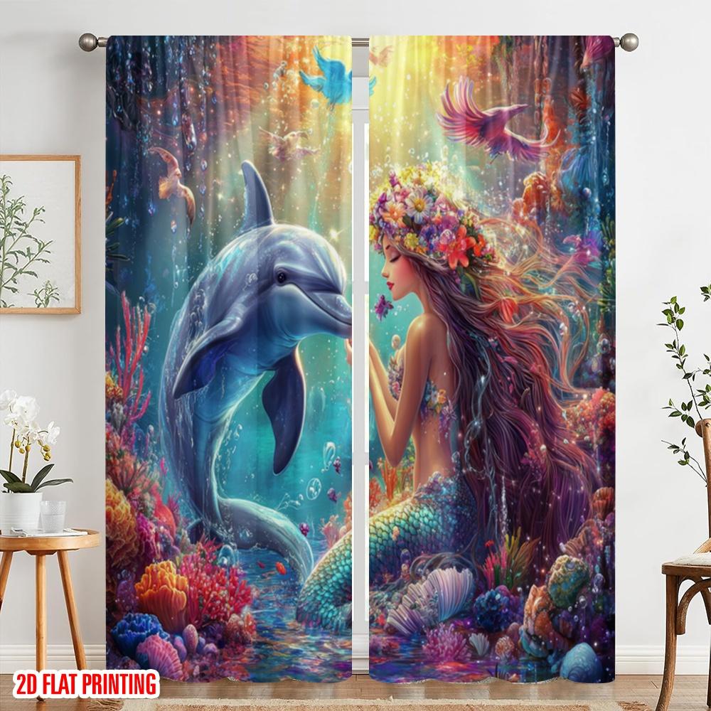 2pcs,2D Plane Printing Curtains Mermaids Ocean Dance Polyester (without Rod) All Seasons for Living Room & Kitchen Decor