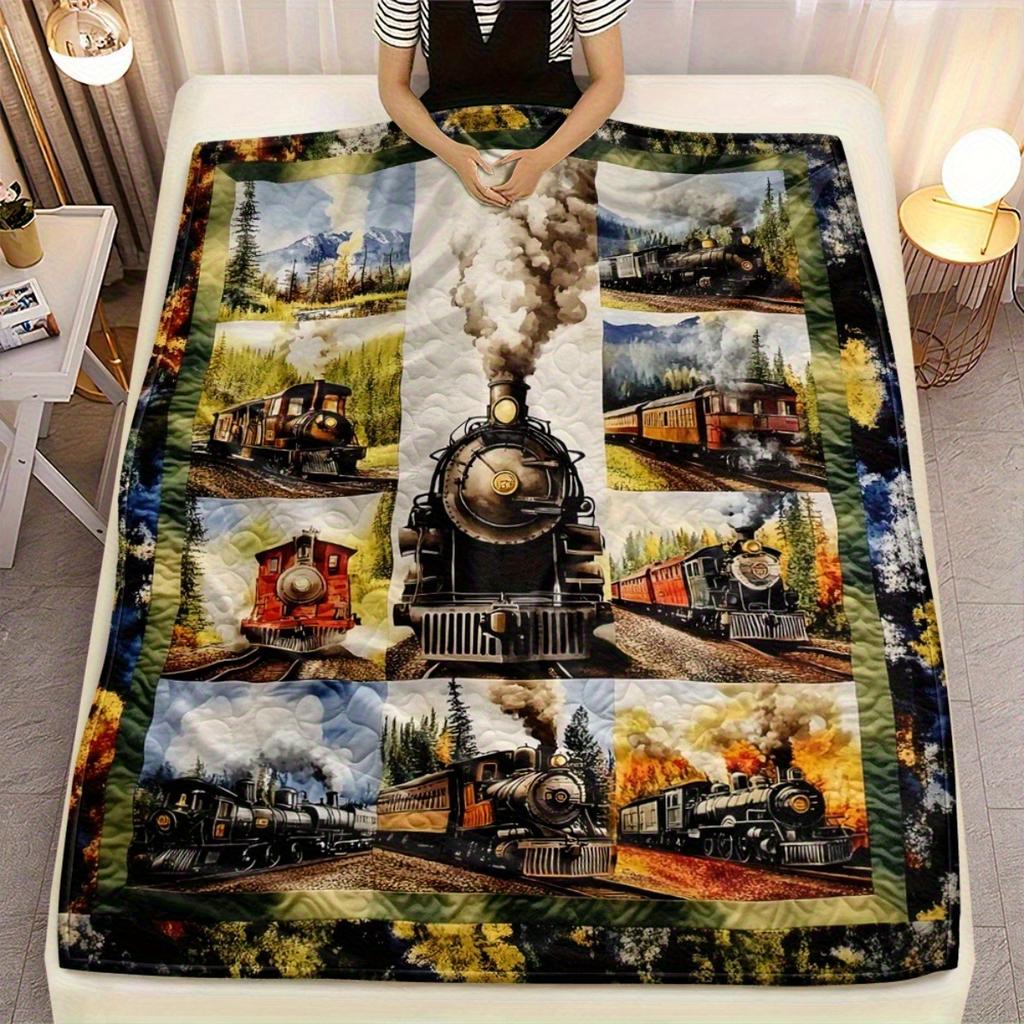 Train Blanket Vintage Locomotive Art Soft Fleece Throw Gift Home Decor Railroad Theme