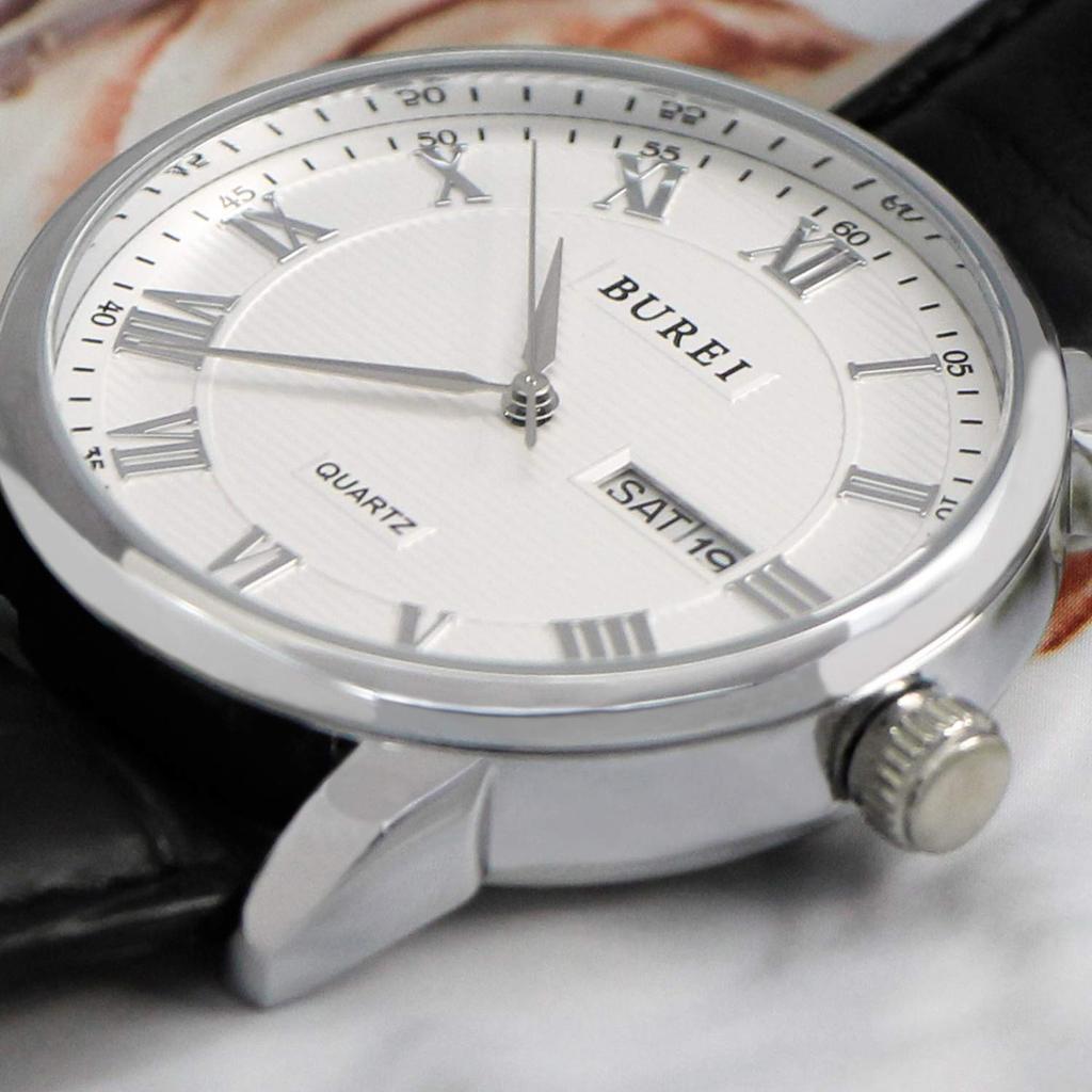 BUREI Men's Leather Watch, Popular Brand, Analog, Roman Numeral, Simple Design, Waterproof, Stylish, Commuter, Business, Silver White