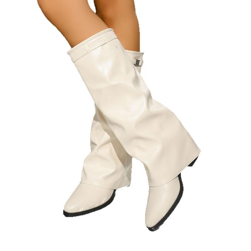 Women's Wide Width Mid-Heel Slouch Boots - Pleated Faux Leather Shaft Below Knee Boots for Winter, Vintage Pull-On Boots