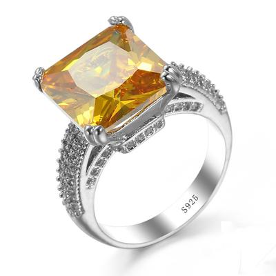 Luxury Princess Cut AAAAA Yellow Big CZ Solid Silver Color Ring With Micro Paved Clear Zircon Women Engagement Rings