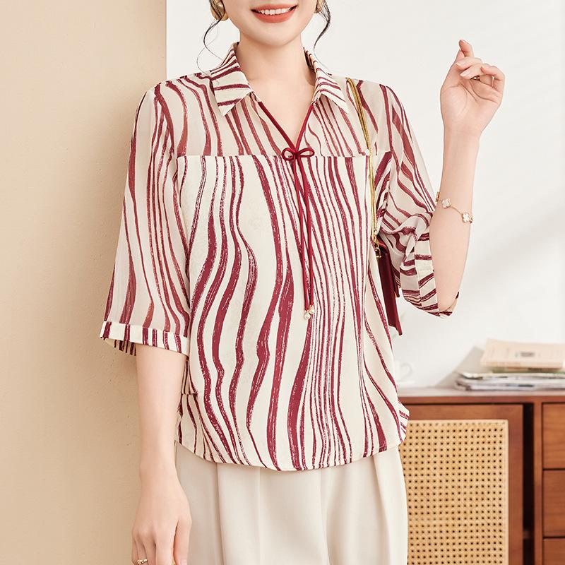 

Chic Striped Lapel Pullover: Women s Seven-Sleeve Sheer Chiffon Top XL червоний