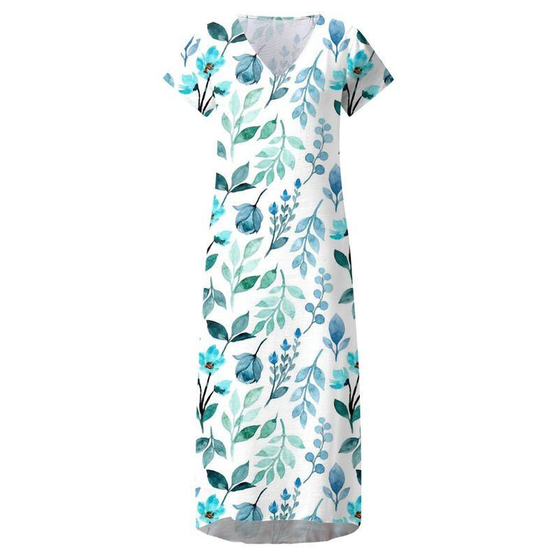 

European/American Gradient Butterfly Leaf Print Short Sleeve Beach Dress Blue Leaves 2XL