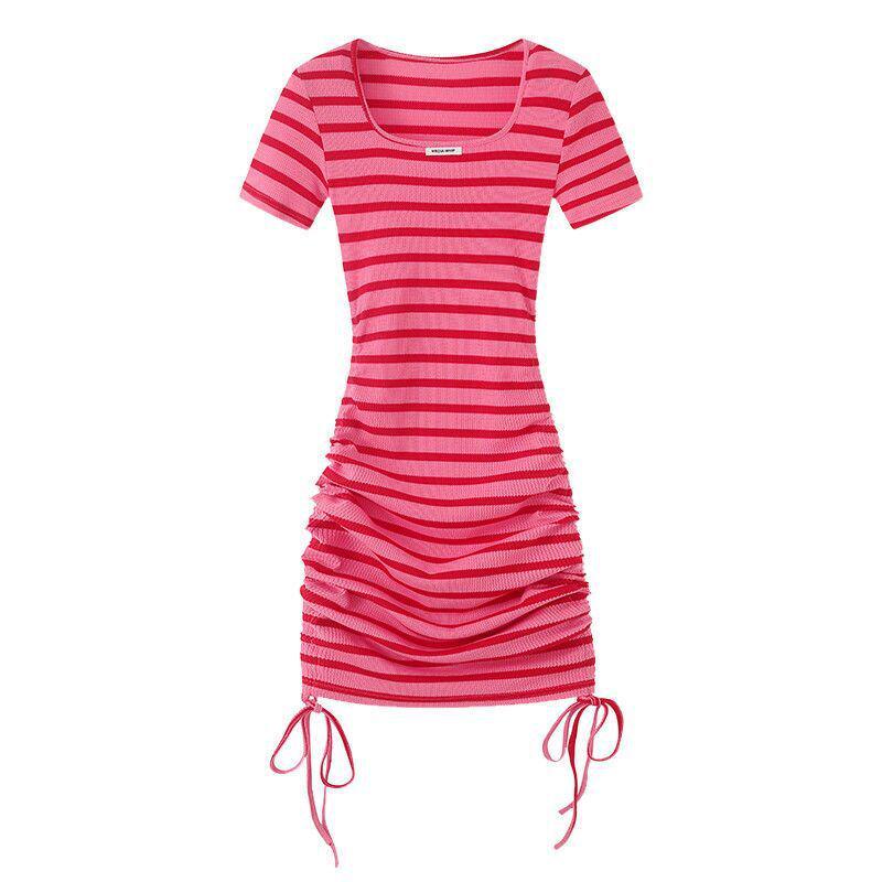 2025 French Square Neck Striped Drawstring Dress - Petite Summer Hip-Hugging Skirt for Women