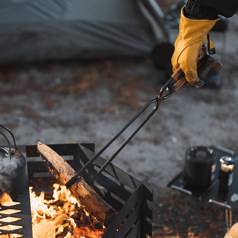 Klipsy do węgla drzewnego do grilla ze skórzanym pokrowcem Klips do drewna na ognisko Przenośny długi uchwyt do pogrzebacza do ognia Antyoparzeniowe narzędzia do grillowania na zewnątrz