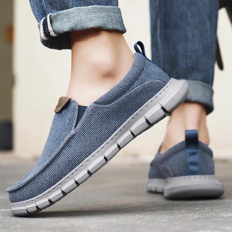 Men Outdoor Canvas Shoes Blue Slip on Sneakers Driving Shoes Casual Khaki Wide Head Shoes for Farther Plus Size Lightweight