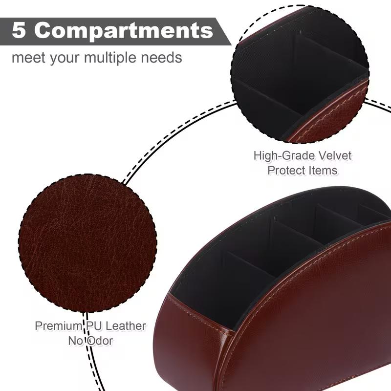 Remote Control Holder with 5 Compartments Faux Leather Desk Organizer TV Remote Storage Caddy Tabletop Holder for Living Room Office Home Use