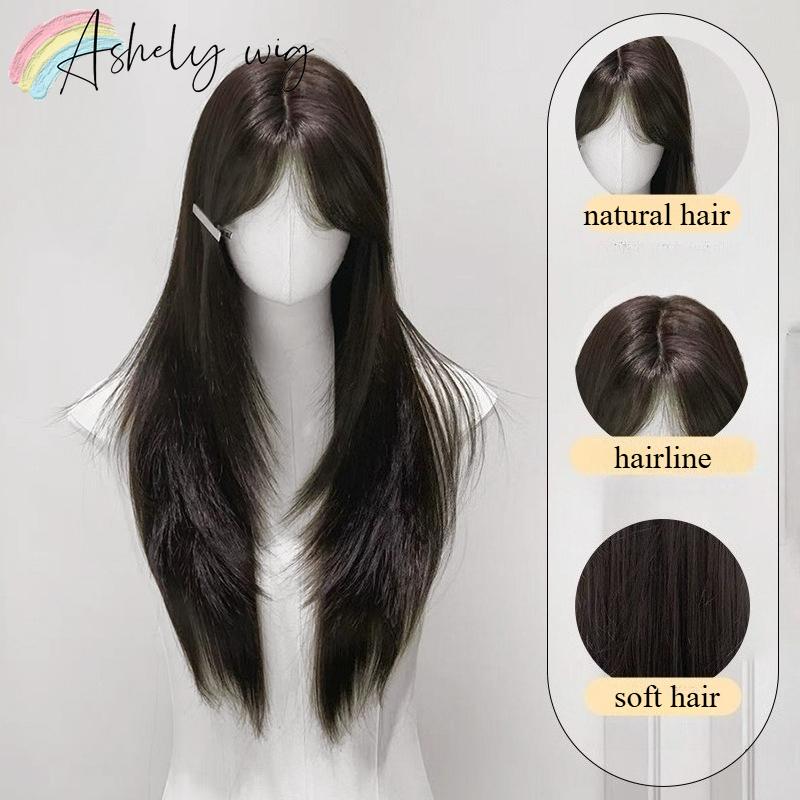 Ashely Black Brown Wig for Women Layer Straight Hair Wig with Curtain Bangs Synthetic Wigs High Temperature Fibers for daily use
