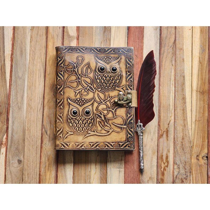 Handmade Owl Embossed Leather Notebook for Writing and Sketching, , Book Of Shadows and Personal Grimoire